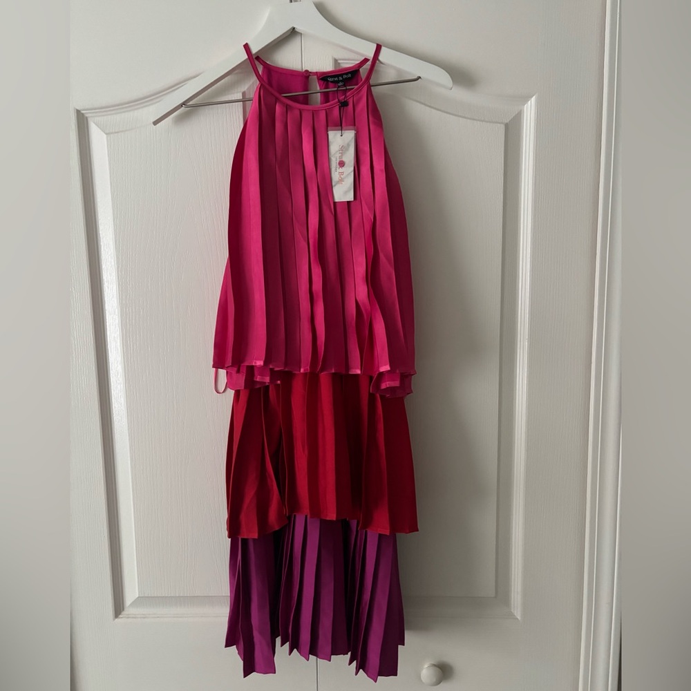 Strut & Bolt Color Block Pleated Satin Tiered Dress